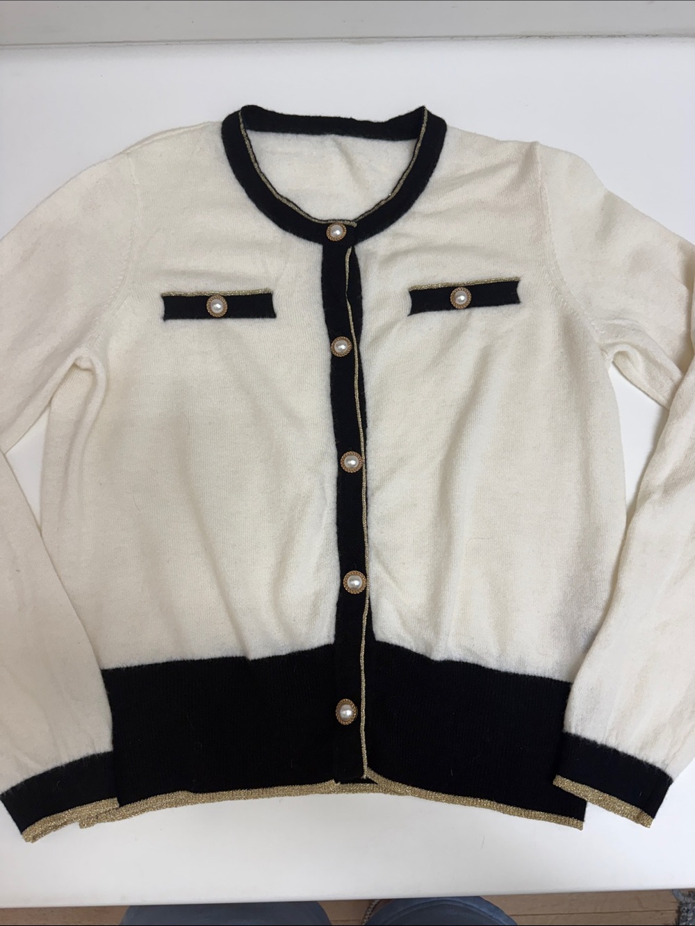 100% Wool Cream and Black Pearl-Button Cardigan